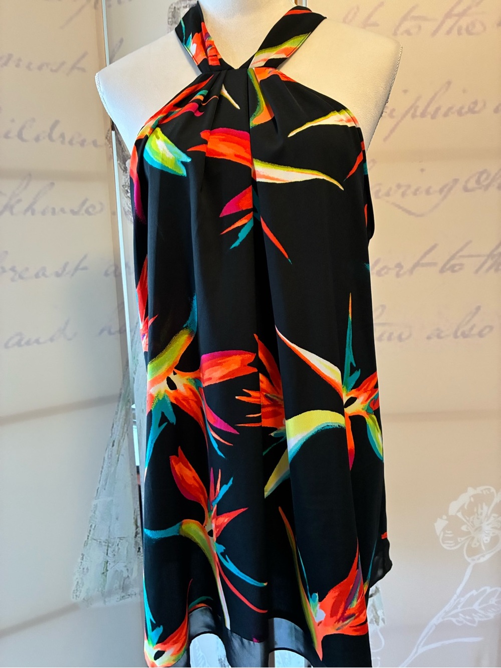 Worthington Black Halter Cover-Up with Bright Tropical Floral Print